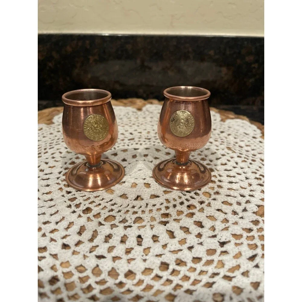 2 Vintage Aztec Mini Shot Goblets Copper & Brass